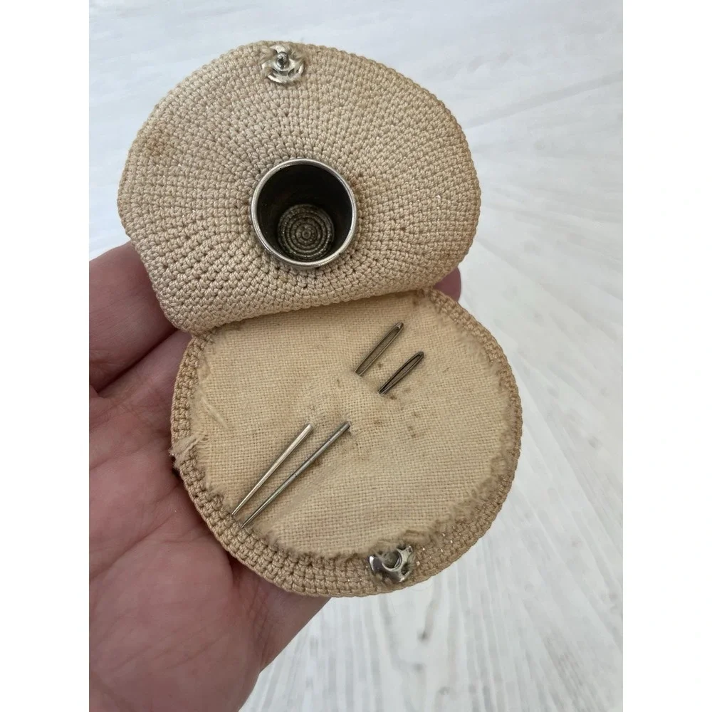 Vintage Handmade Crochet Sun Hat Thimble Sewing Needle Holder Sew Kit